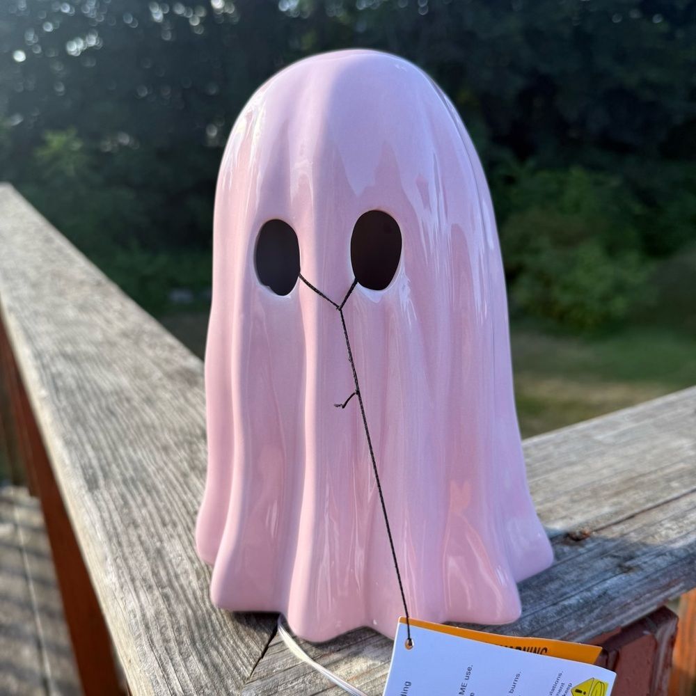 NEW Halloween LED Pink Ghost Ceramic Decor 9”